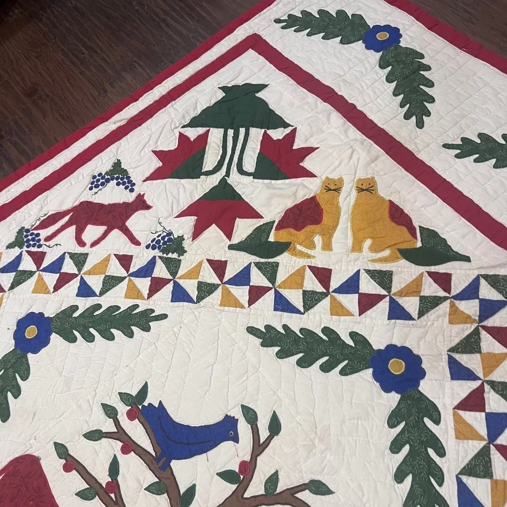 Vtg Handcrafted Baltimore Quilt Kit Folk Art Animal Tree of Life 84x68 Americana